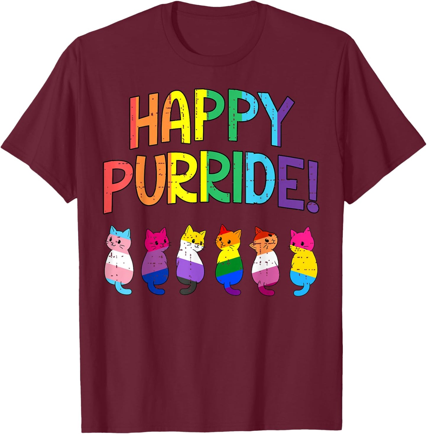 LGBTQ Flag Cats Happy Purride Gay Pride Month Ally Men Women T-Shirt - T-Shirt | Maroon