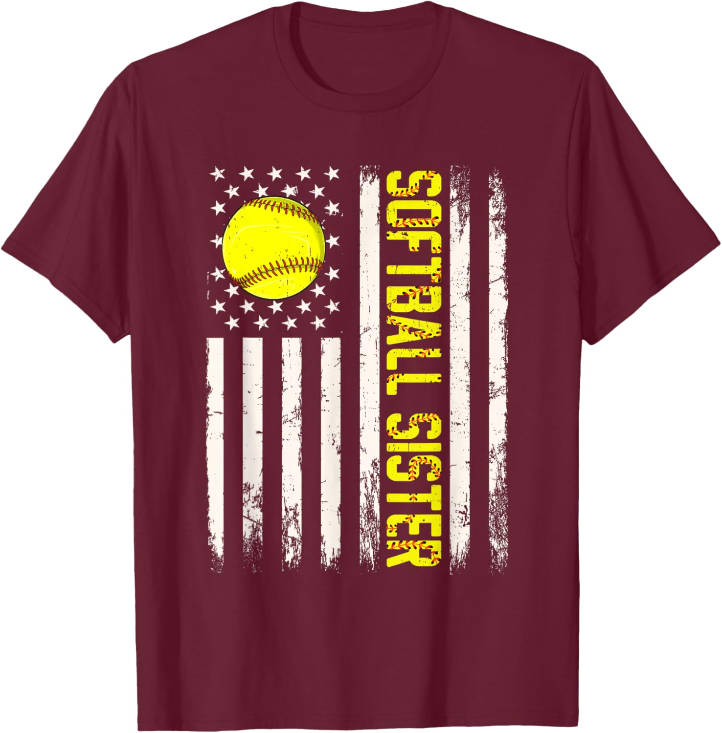 Softball Sister Vintage USA American Flag T-Shirt - T-Shirt | Maroon
