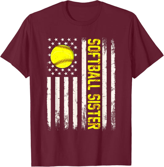 Softball Sister Vintage USA American Flag T-Shirt - T-Shirt | Maroon