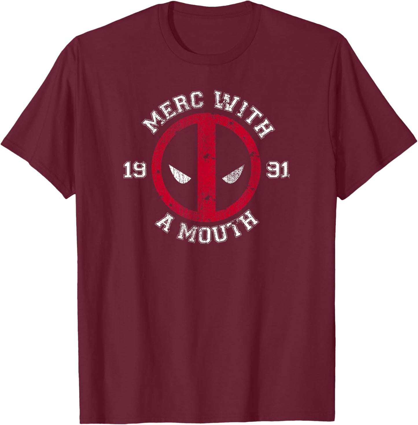 Marvel Comics Deadpool Merc With The Mouth Distressed Logo T-Shirt - T-Shirt | Maroon