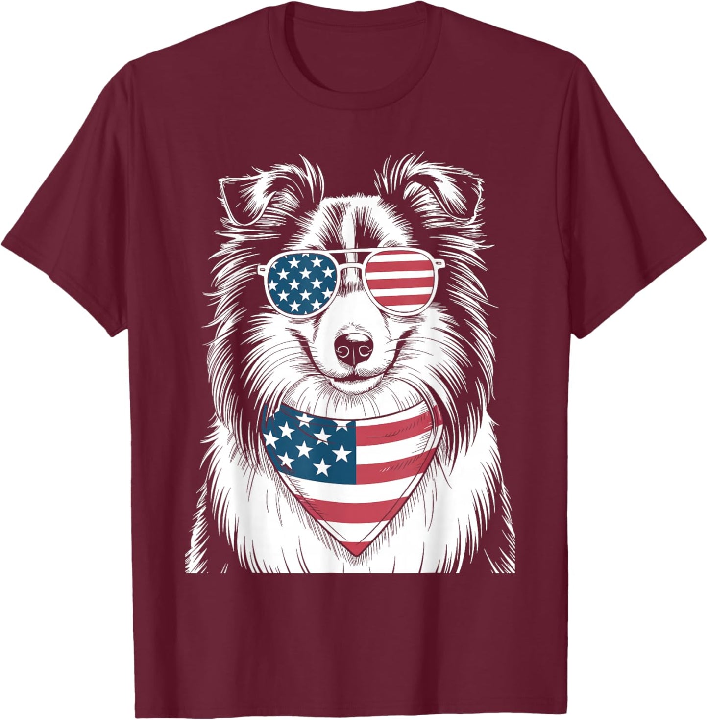 Shetland Sheepdog Dog USA Flag Patriotic 4th of July Men Women Kids T-Shirt - T-Shirt | Maroon