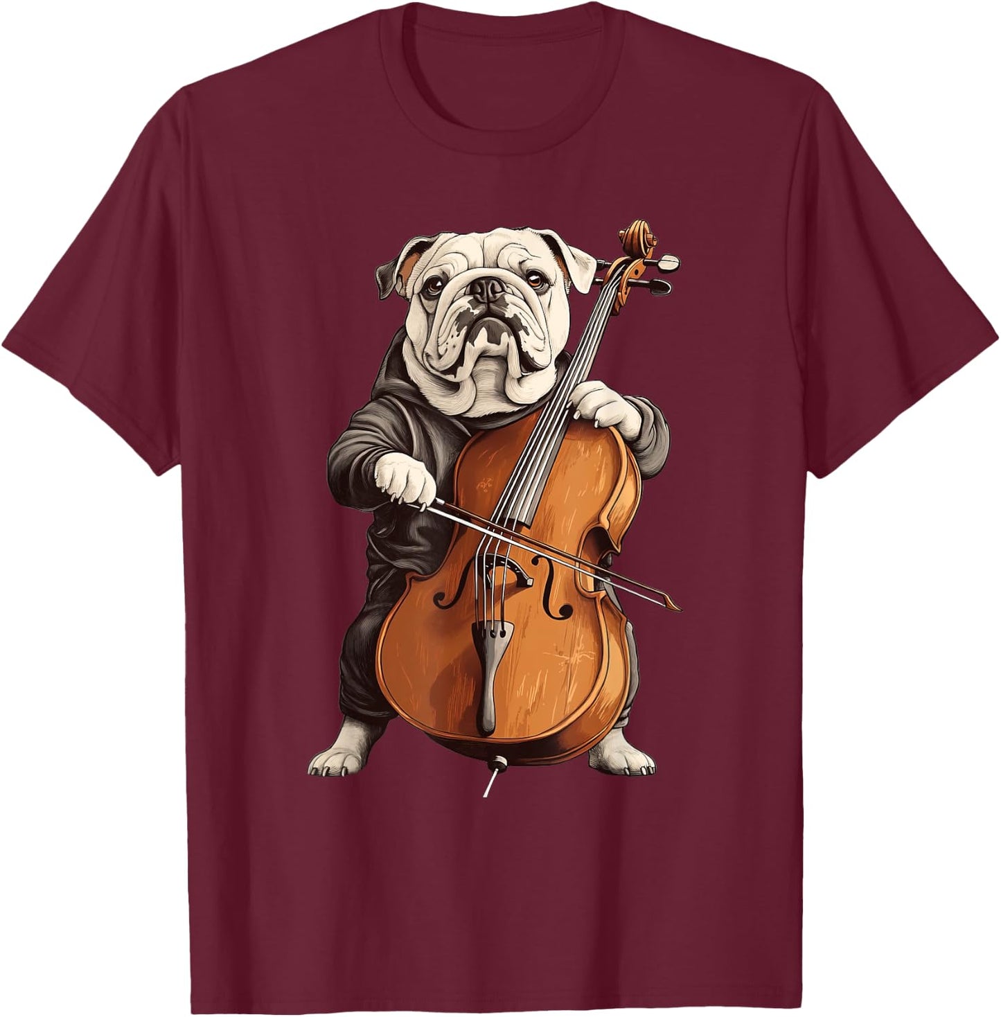 Cute English Bulldog Dog Playing Cello Musician Music Women Kids T-Shirt - T-Shirt | Maroon