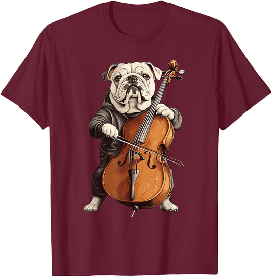 Cute English Bulldog Dog Playing Cello Musician Music Women Kids T-Shirt - T-Shirt | Maroon