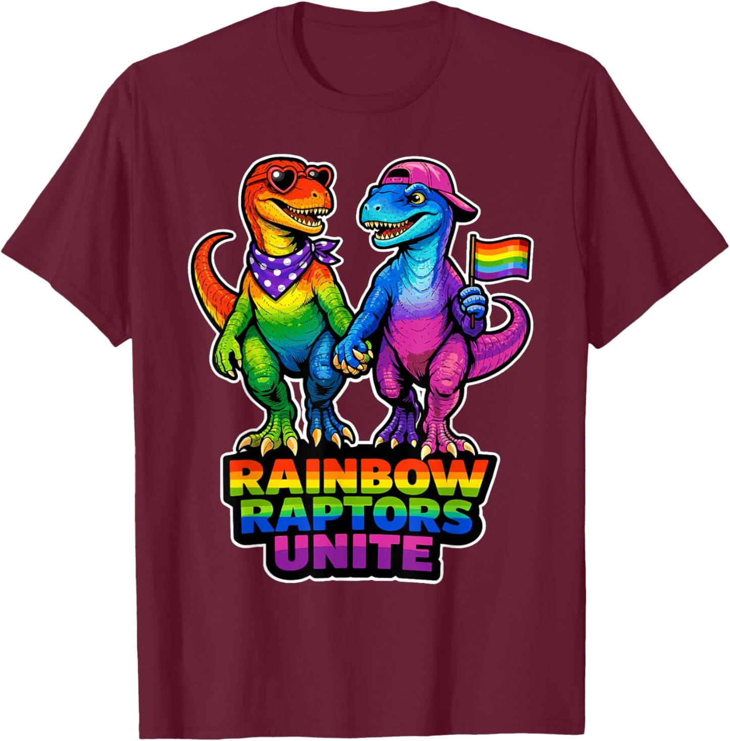 Rainbow Raptors Unite Pride Dino Unity LGBTQ Design T-Shirt - T-Shirt | Maroon