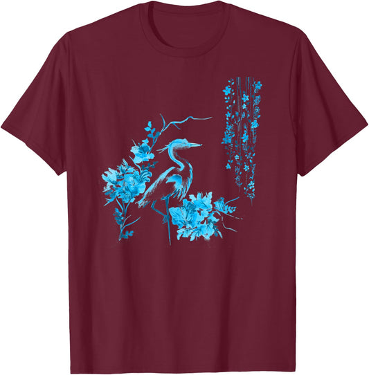 Japanese Art Crane Bird Fresh Garden Stylish Design T-Shirt - T-Shirt | Maroon