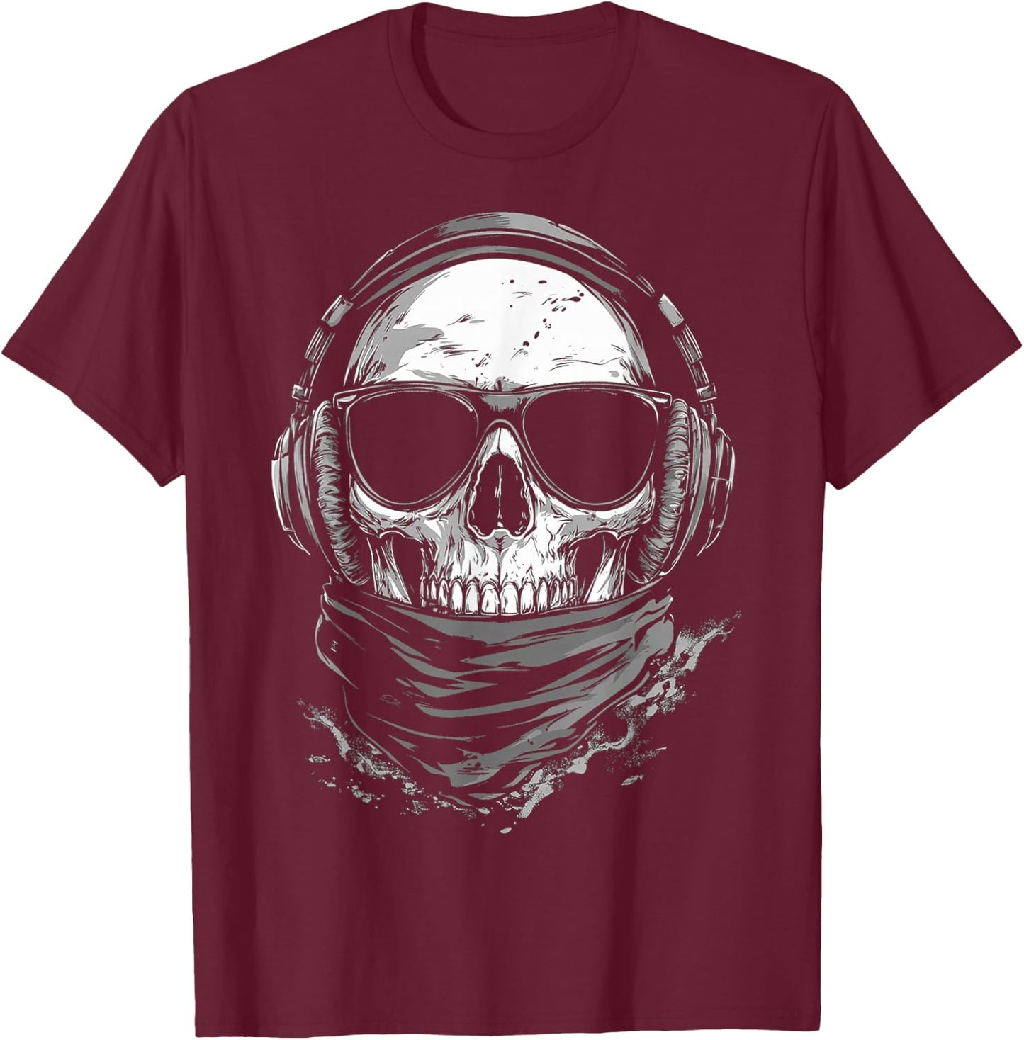 Skull Music Headphone Motif Sunglasses Artwork Skull T-Shirt - T-Shirt | Maroon
