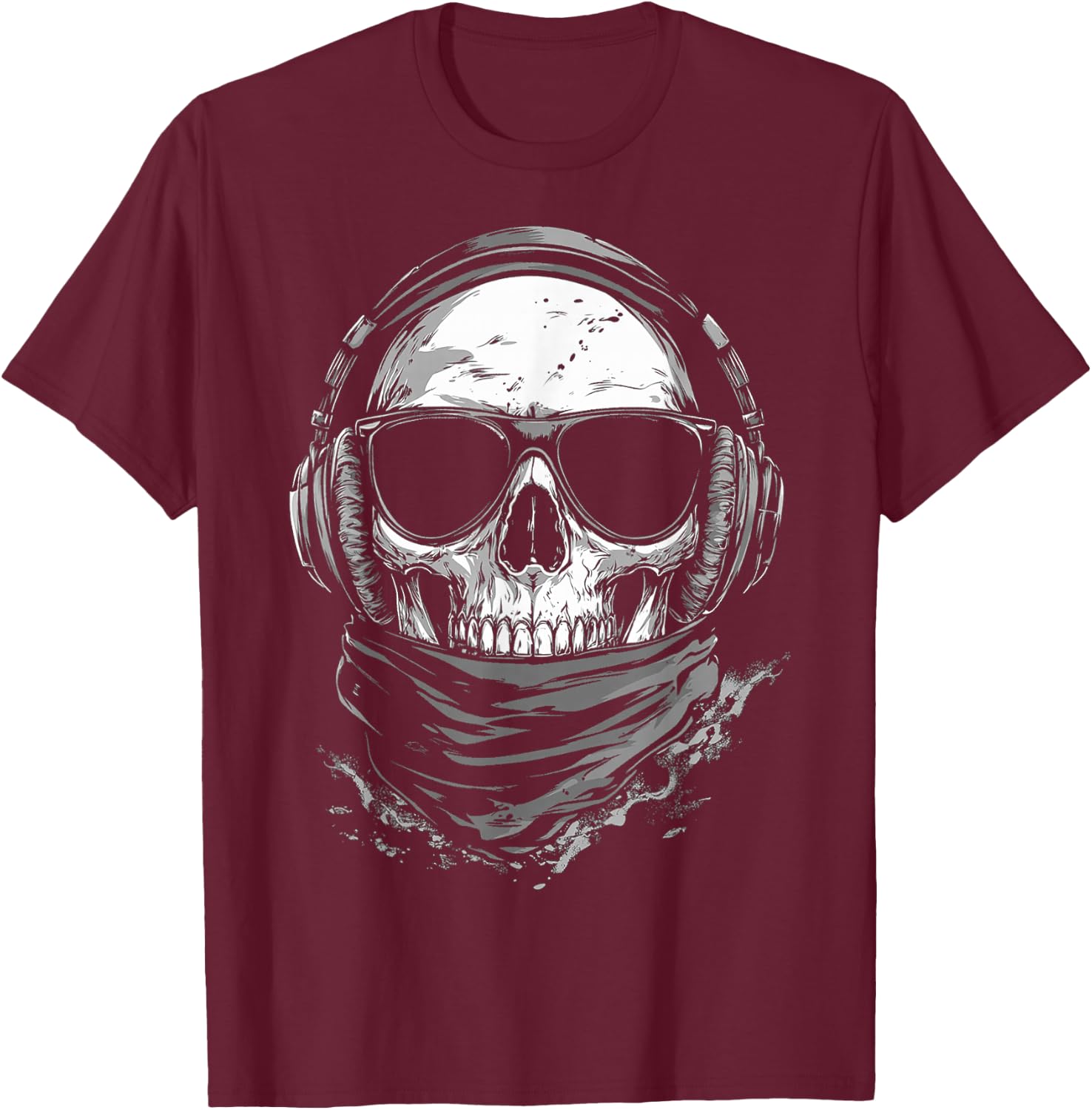 Skull Music Headphone Motif Sunglasses Artwork Skull T-Shirt - T-Shirt | Maroon