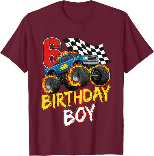 Kids Birthday Monster Truck 6 Year Old Boys 6th Party Born 2020 T-Shirt - T-Shirt | Maroon