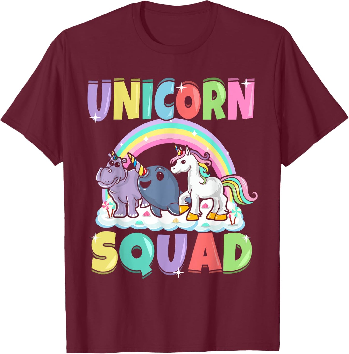 Unicorn Squad Rhino Narwhal Magical Creatures Cute Girly T-Shirt - T-Shirt | Maroon