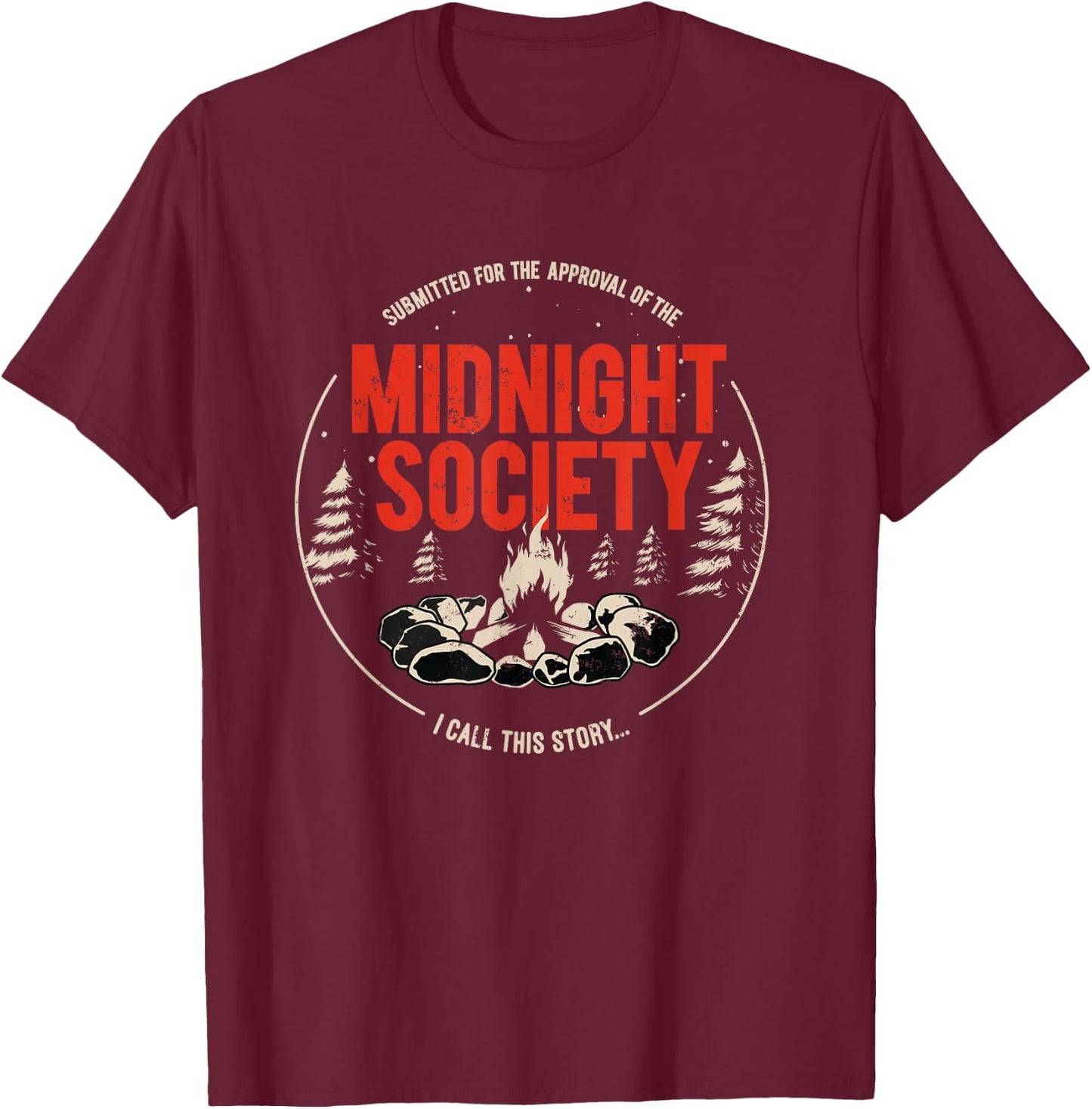 Midnight Society Red Text Campfire Small T-Shirt - T-Shirt | Maroon
