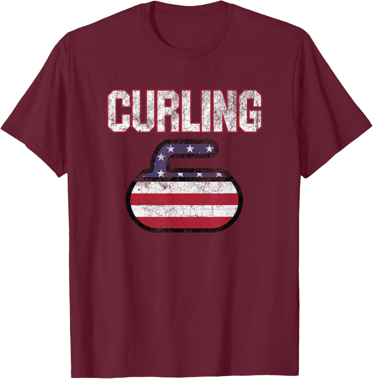 USA American Flag Curling Men Women T-Shirt - T-Shirt | Maroon