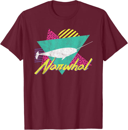 Vintage Retro 80s Or 90s Narwhal T-Shirt - T-Shirt | Maroon