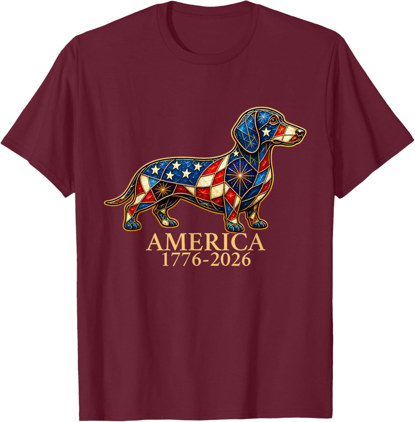 Dachshund-Mosaic America 1776-2026 Dog Patriotic July 4th T-Shirt - T-Shirt | Maroon