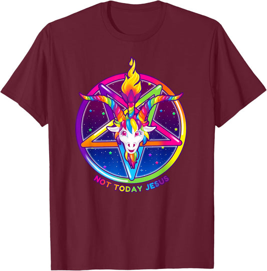 Not Today Jesus Rainbow Baphomet Pentagram Sigil Satanic T-Shirt - T-Shirt | Maroon