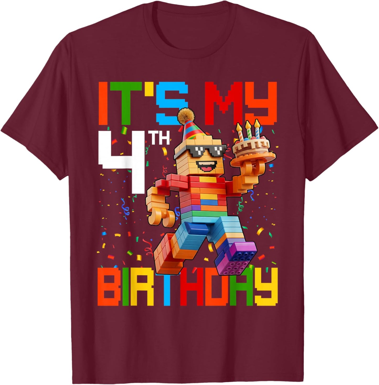 It's My 4th Birthday Boys Building Brick 4 Years Old Kids T-Shirt - T-Shirt | Maroon