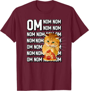 Funny Om Nom Nom Orange Cat Eating Pepperoni Pizza T-Shirt - T-Shirt | Maroon