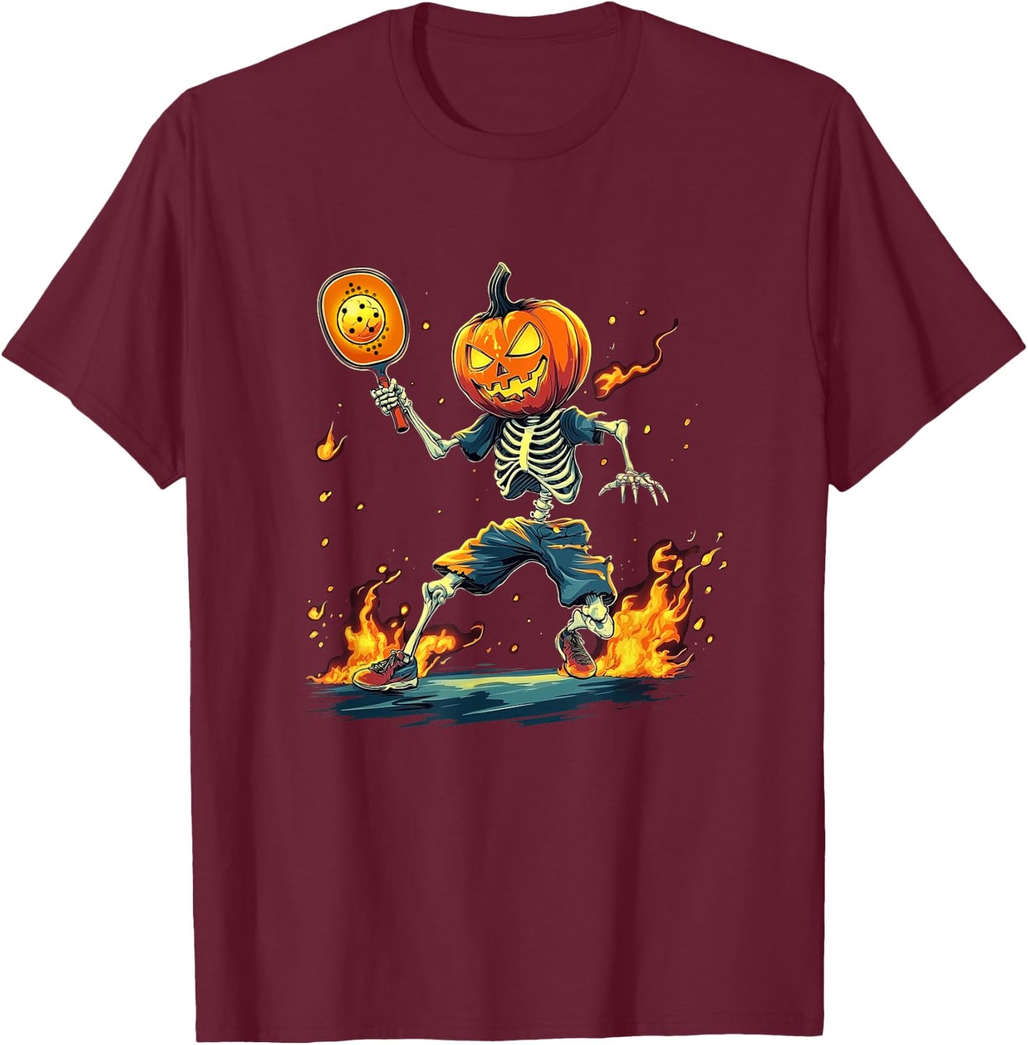 Pumpkin Head Skeleton Pickleball Halloween Spooky Sports T-Shirt - T-Shirt | Maroon