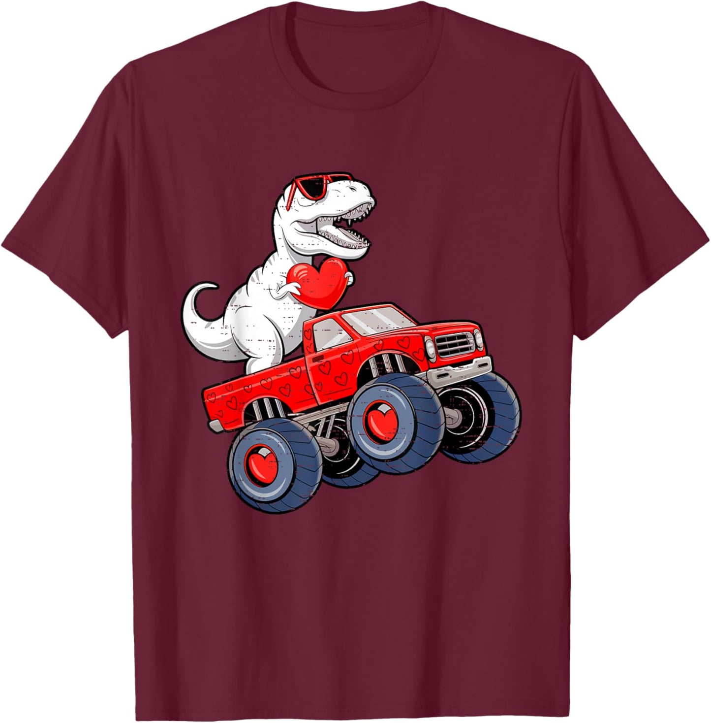 Valentines Day Dinosaur T Rex Riding Truck Toddler Boys Kids T-Shirt - T-Shirt | Maroon