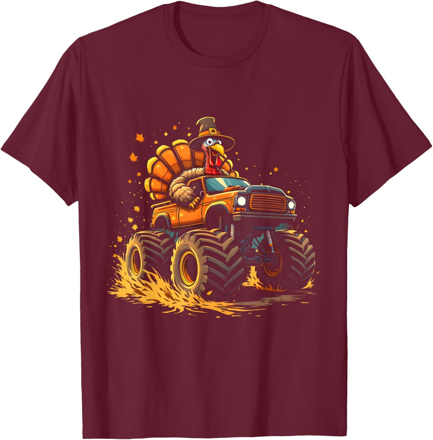 Funny Thanksgiving Turkey Riding Monster Truck Men Women Boy T-Shirt - T-Shirt | Maroon