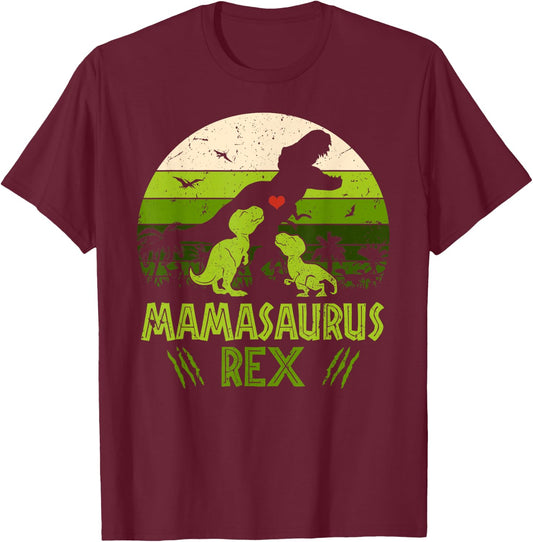 Vintage Retro 2 Kids Mamasaurus Dinosaur Lover Gift T-Shirt - T-Shirt | Maroon