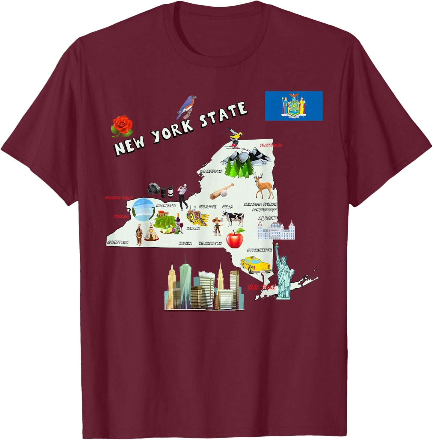 New York state map Attractions cities flag T-Shirt - T-Shirt | Maroon