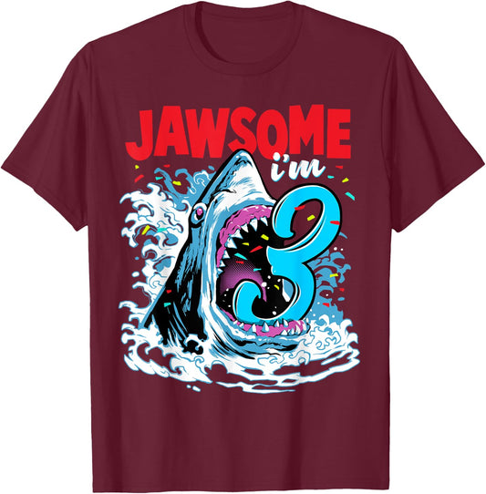 Kids 3rd Birthday Shark 3 | Jawsome Three Year Old Bday Gift T-Shirt - T-Shirt | Maroon
