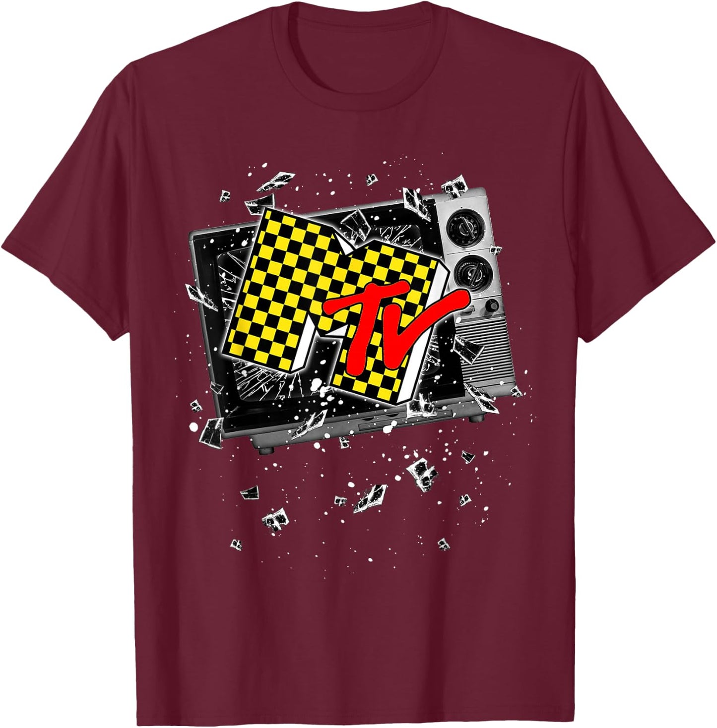 MTV Checker Board Breaking Tv T-Shirt - T-Shirt | Maroon