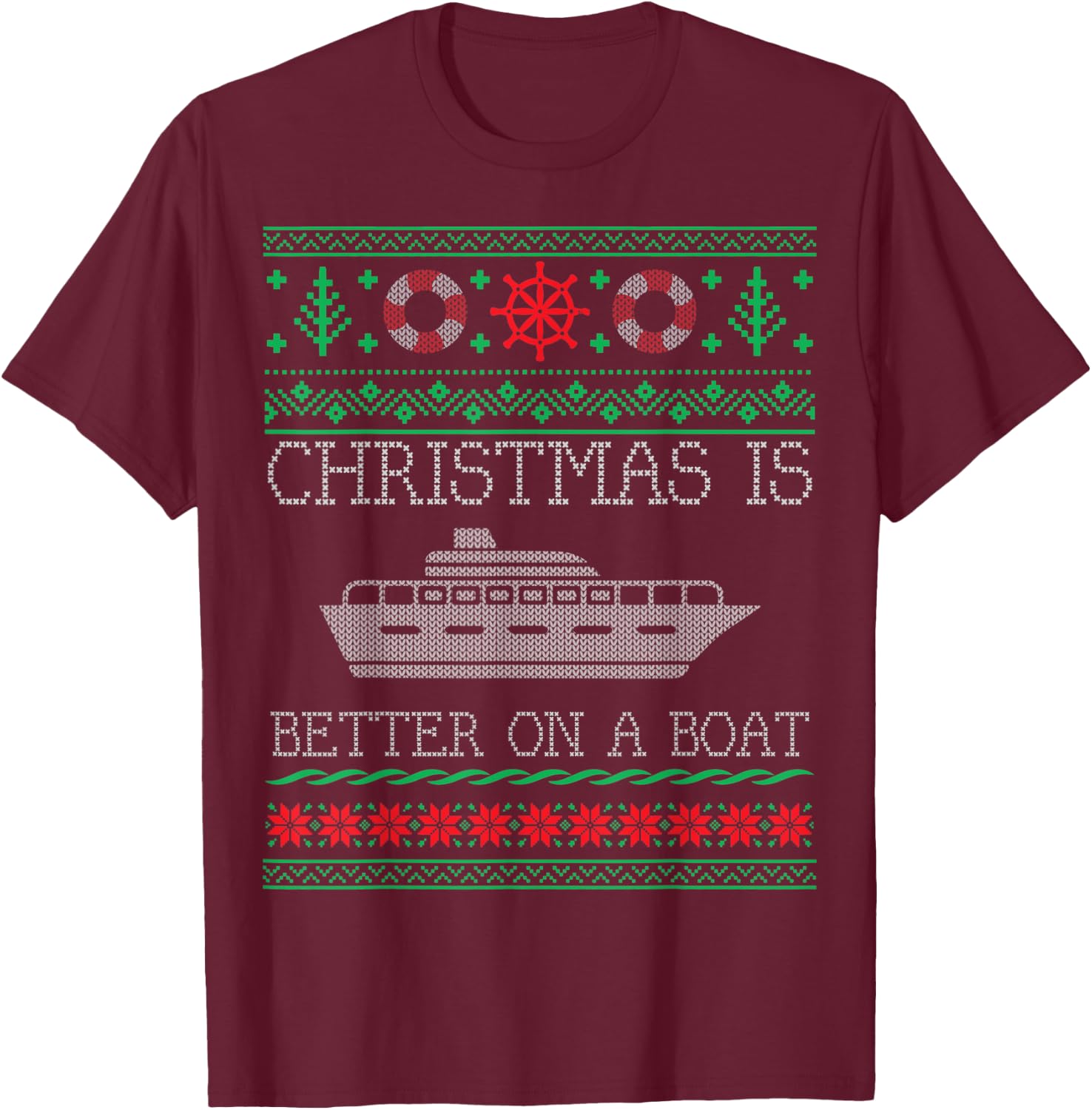 Boating Christmas Is Better On Pontoon Boat Ugly Christmas T-Shirt - T-Shirt | Maroon