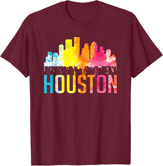 Houston Texas Watercolor Skyline Home State Souvenir Gift T-Shirt - T-Shirt | Maroon