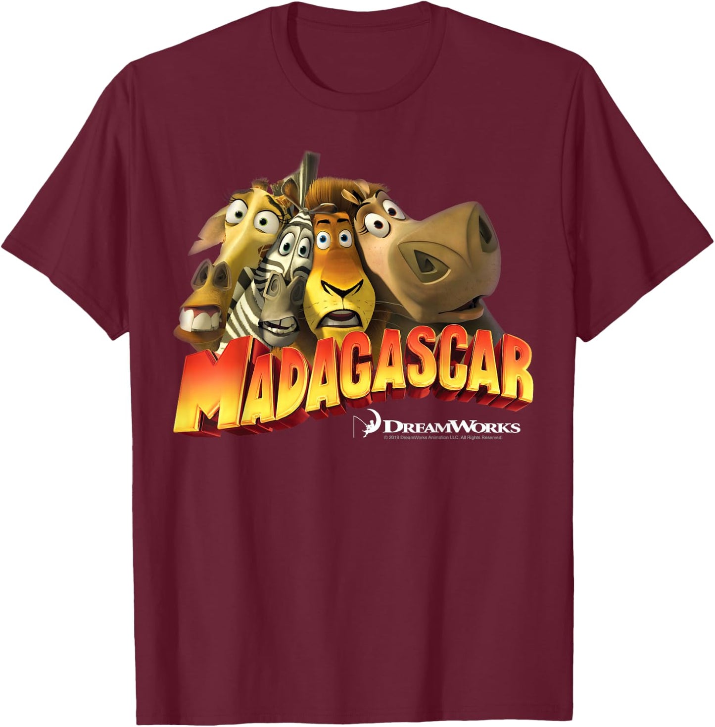 Madagascar Squished Group Shot Classic Movie Logo T-Shirt - T-Shirt | Maroon