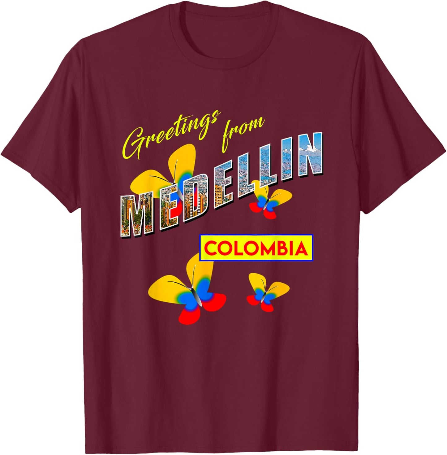 Greetings From Medellin Colombia Retro Postcard Style T-Shirt - T-Shirt | Maroon