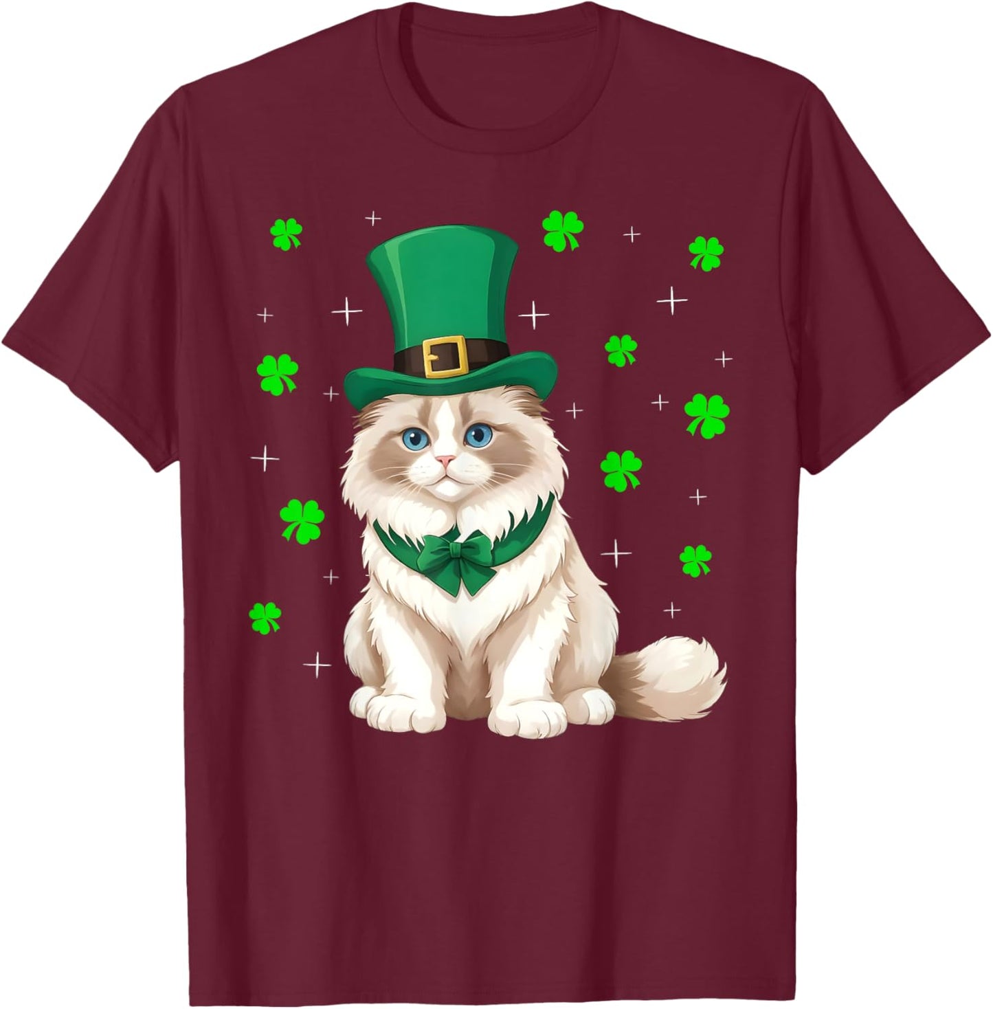 Irish Shamrock Leprechaun Hat Ragdoll Cat St Patrick's Day Men Women Kids T-Shirt - T-Shirt | Maroon