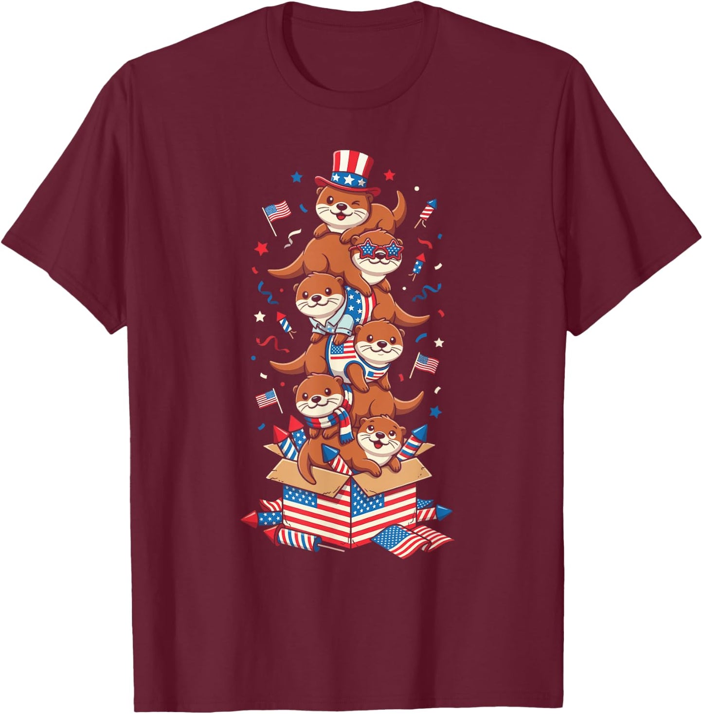 Funny Otter American USA Flag Memorial Day 4th of July T-Shirt - T-Shirt | Maroon