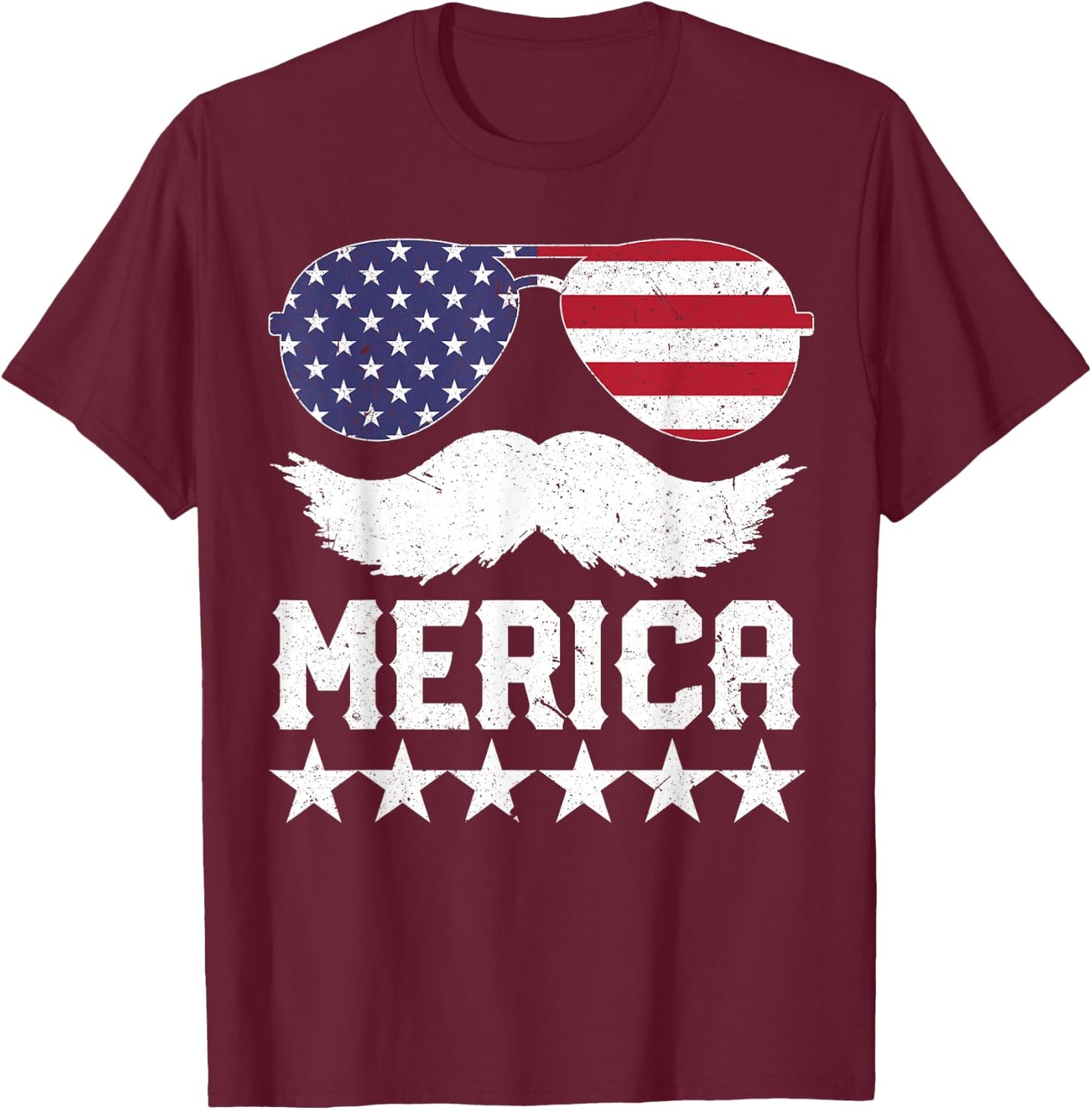 4th of July T Shirt Women Men MERICA America Flag Mustache T-Shirt - T-Shirt | Maroon