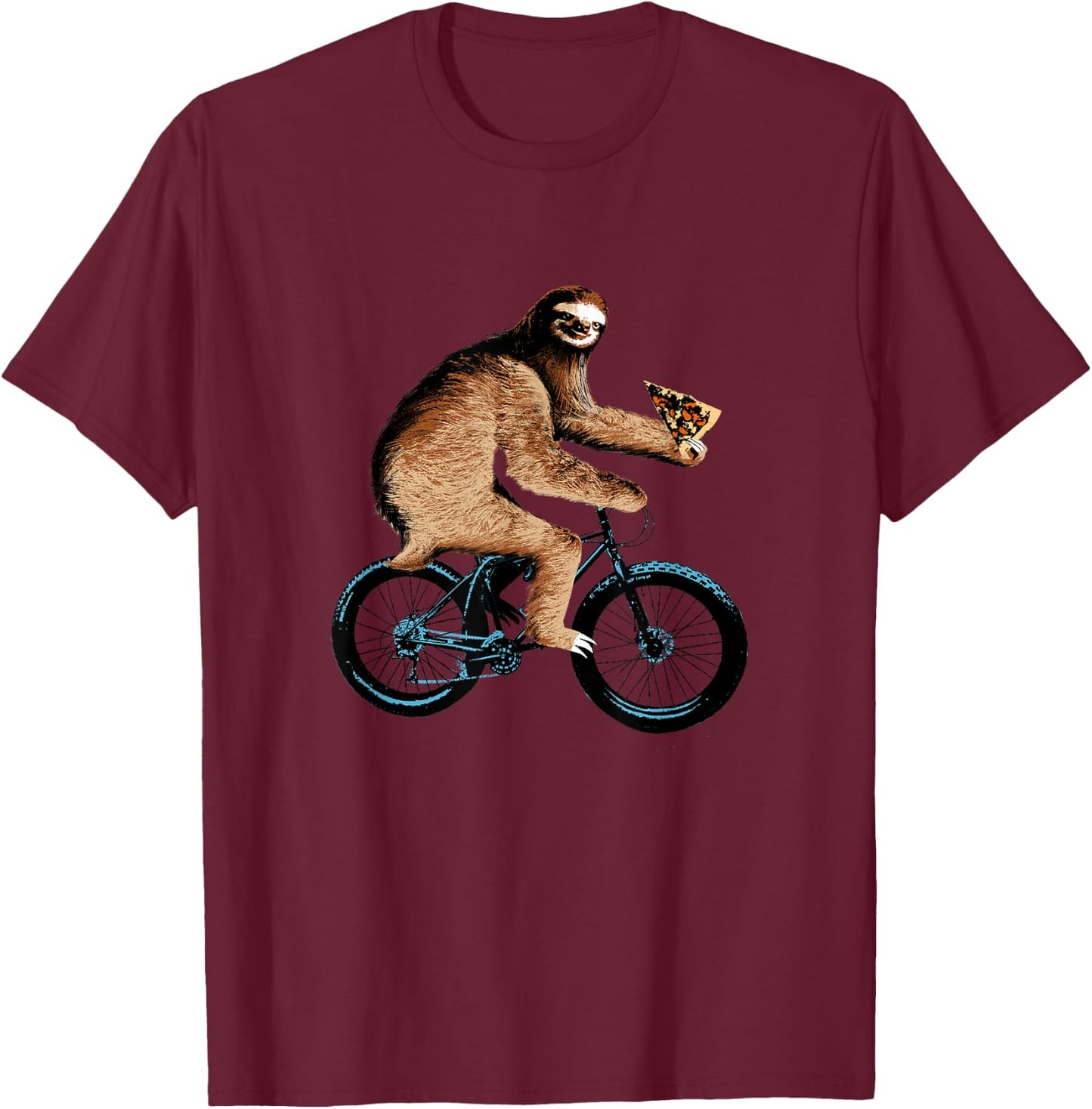 Sloth Riding a Bicycle Eating Pizza , Fatbike T-Shirt - T-Shirt | Maroon