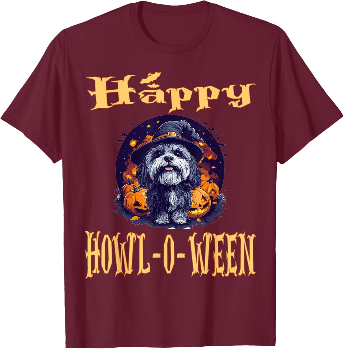 Havanese Dog Whitch Hat Halloween Pumpkin Spooky Happy T-Shirt - T-Shirt | Maroon