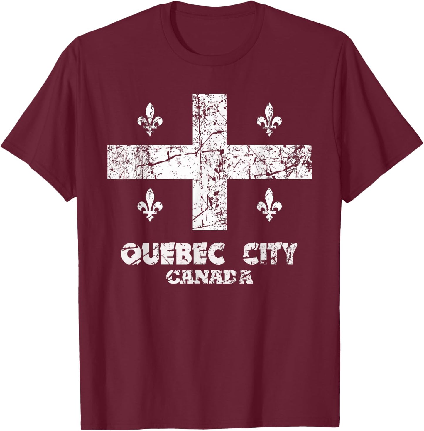 Vintage Quebec City Flag Canada Pride Canadian Gift T-Shirt - T-Shirt | Maroon