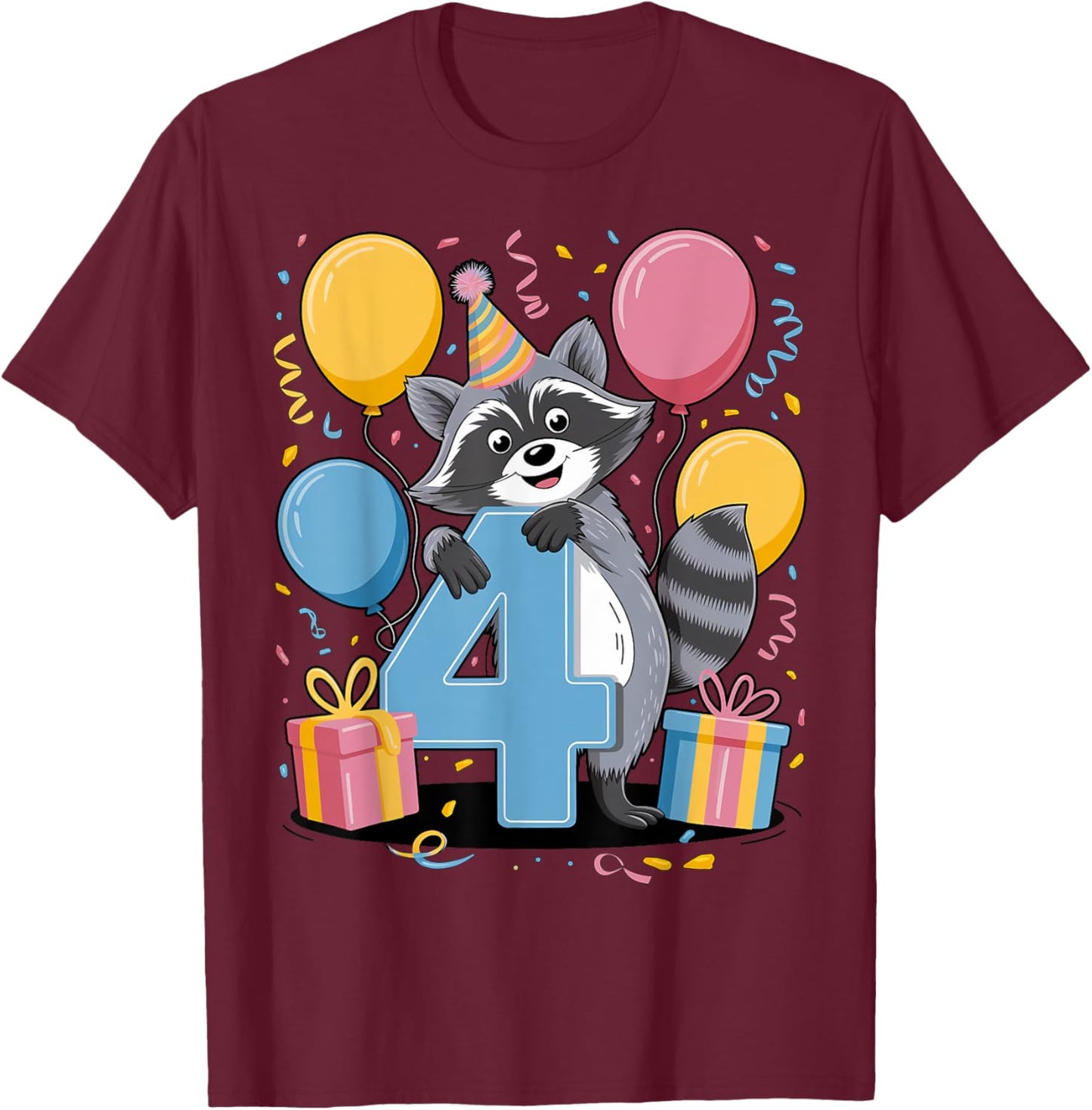 Raccoon 4th birthday for boy girl 4 years old fourth Raccoon T-Shirt - T-Shirt | Maroon