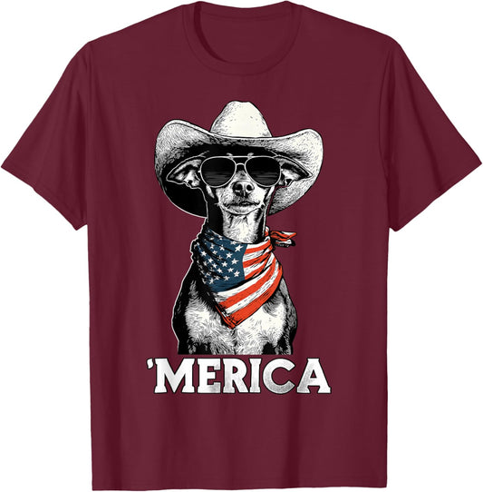Miniature Pinscher Min Pin American Flag Bandana Sunglasses T-Shirt - T-Shirt | Maroon