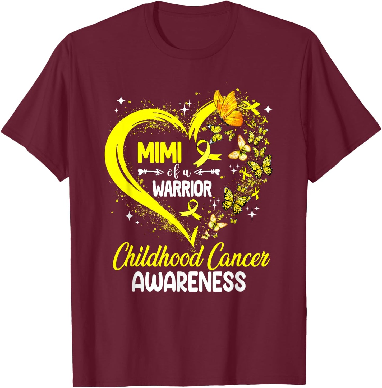Mimi Of A Warrior Gold Heart Childhood Cancer Awareness T-Shirt - T-Shirt | Maroon