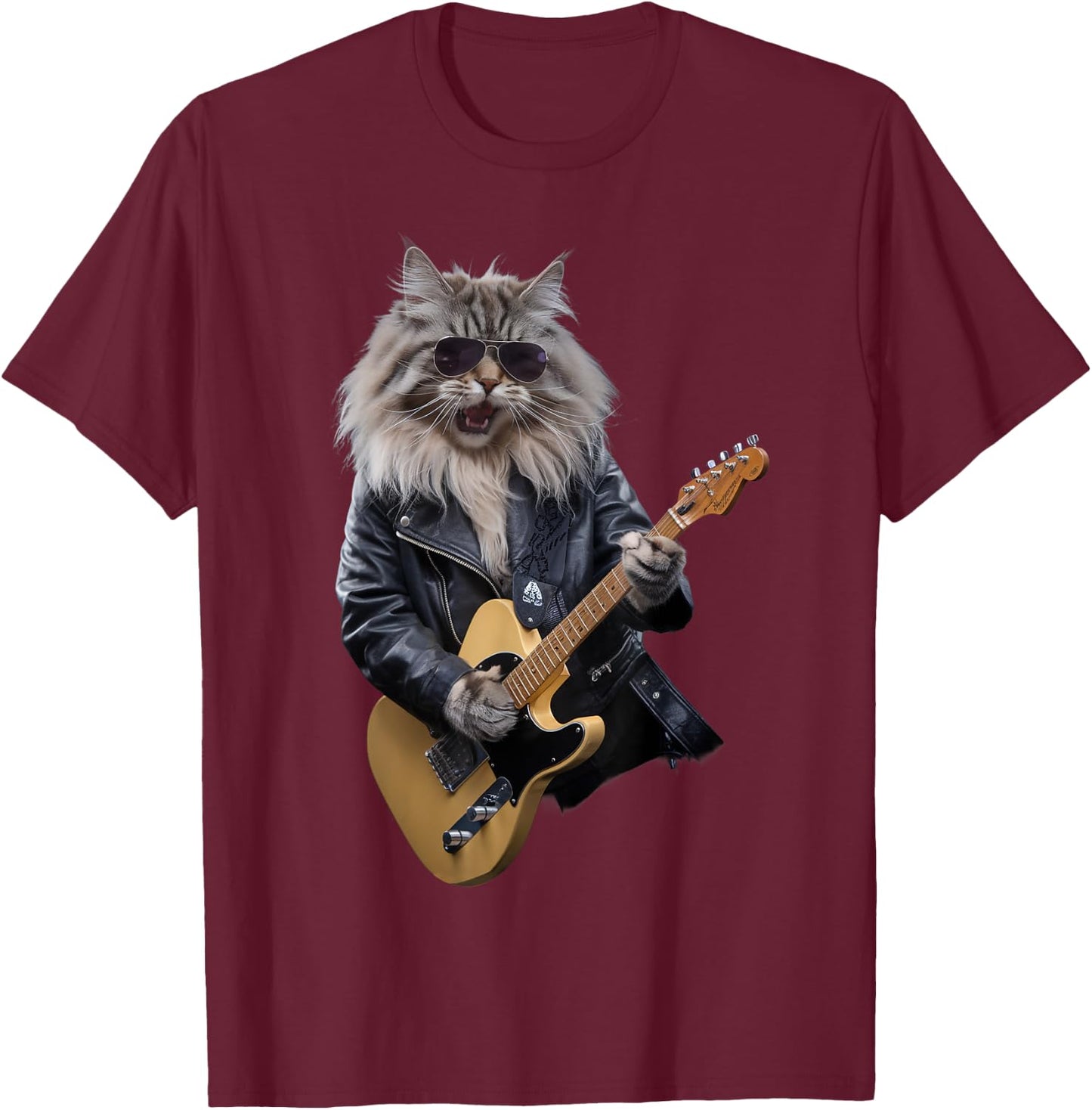 Cat Playing Guitar Rock Star Rock and Roll Women Kid T-Shirt - T-Shirt | Maroon