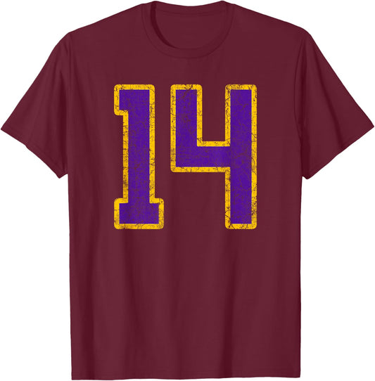 Purple Gold Number 14 Jersey Player Uniform #14 Grunge T-Shirt - T-Shirt | Maroon
