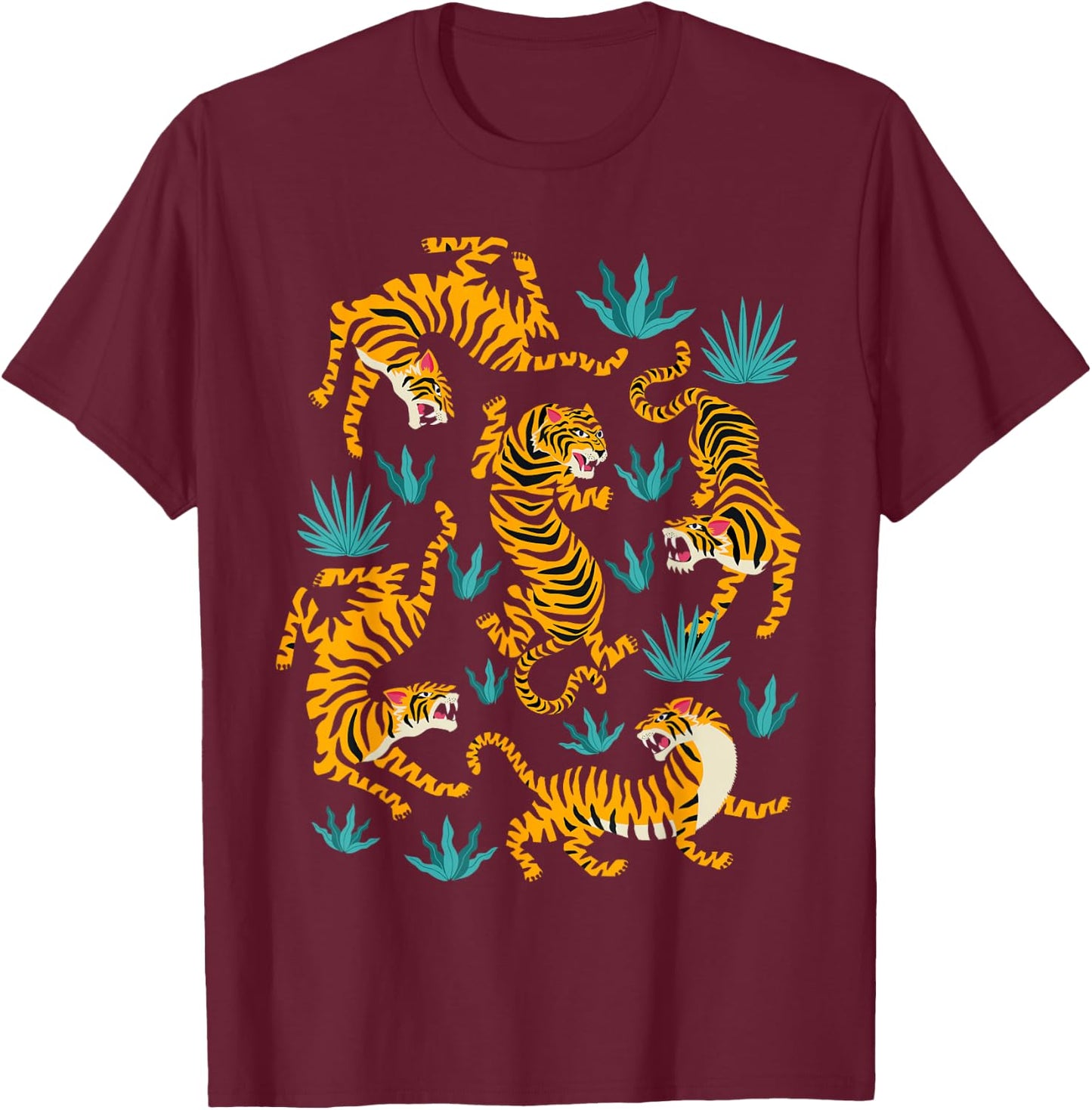 Dancing Tiger Cartoon Graphic T-Shirt - T-Shirt | Maroon