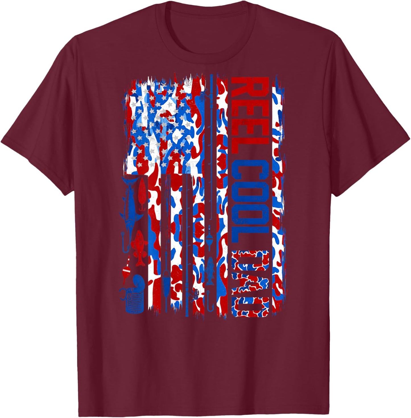 (ON Back) Patriotic Fisherman Reel Cool Dad Camo USA Flag T-Shirt - T-Shirt | Maroon