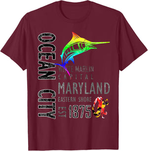 Ocean City Maryland White Marlin Capital Eastern Shore T-Shirt - T-Shirt | Maroon