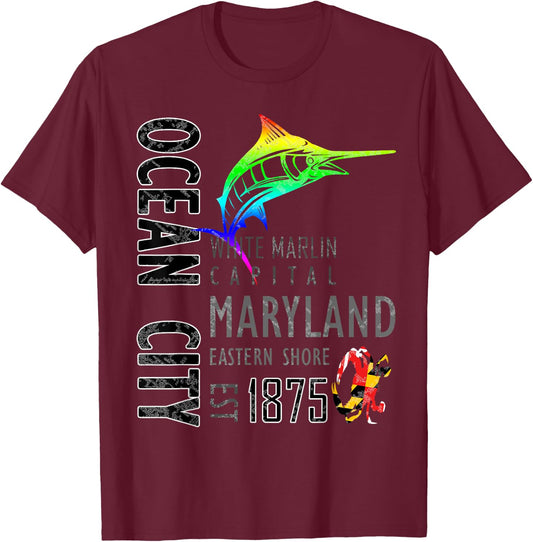 Ocean City Maryland White Marlin Capital Eastern Shore T-Shirt - T-Shirt | Maroon