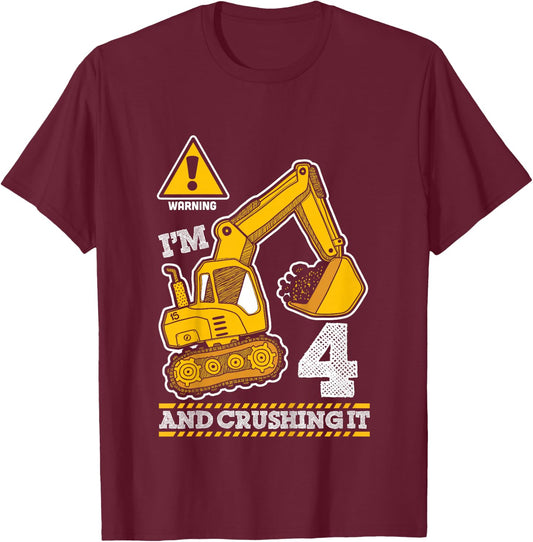 Construction Truck 4th Birthday 4 Years Old Digger Builder T-Shirt - T-Shirt | Maroon