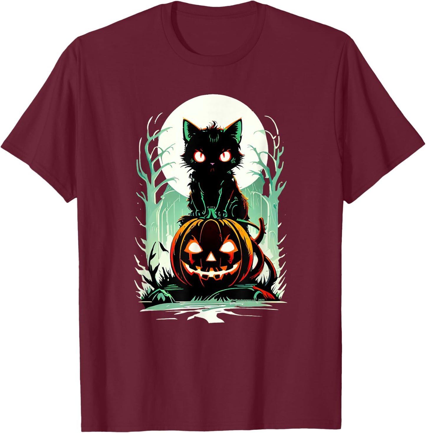 Spooky Black Cat on Pumpkin Under a Creepy Halloween Moon T-Shirt - T-Shirt | Maroon