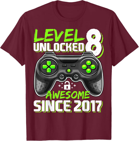 8th Birthday Boy Level 8 Gamer 8 Year Video Game Party T-Shirt - T-Shirt | Maroon