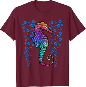 Colorful Sea Horse Print Ocean T-Shirt - T-Shirt | Maroon